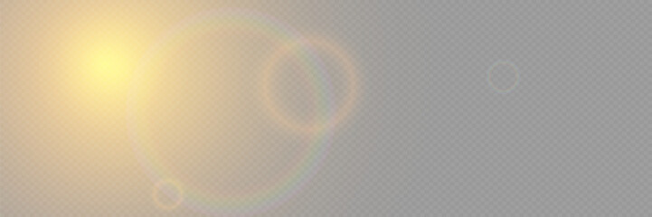 Bright light with glare and reflection of the camera lens. Sun, sun rays, dawn, lens flare on a transparent background.	