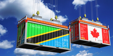 Shipping containers with flags of Tanzania and Canada - 3D illustration