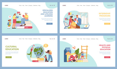 Specialized education set. Different people going through lifelong learning stages, including research, extracurriculars, internships, and various educational themes. Flat vector illustration