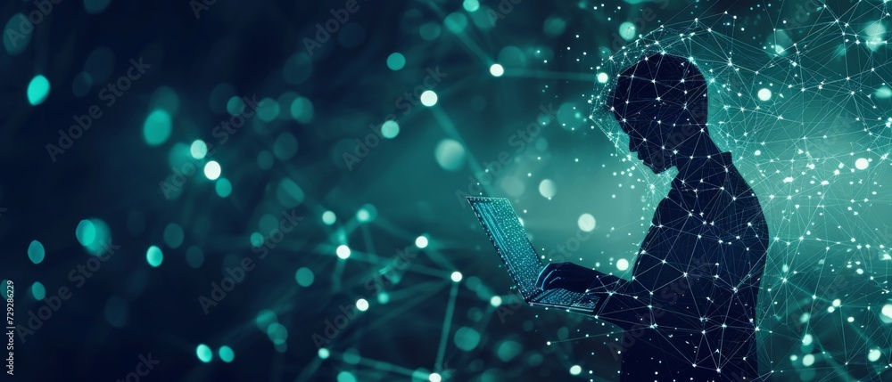 Poster man using laptop with neon glowing elements around him