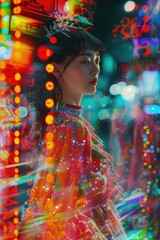 Obraz premium A young woman is immersed in vibrant neon lights and reflections, providing an urban, futuristic vibe