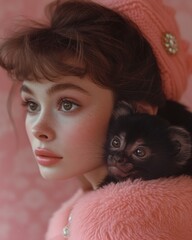 Fototapeta na wymiar Intriguing image of a young girl with a pet skunk, styled in a retro vintage manner