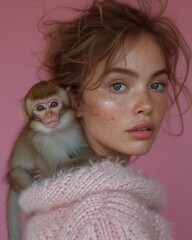 Fototapeta na wymiar Elegant woman in pink sweater with a small monkey perched on her shoulder against a pink background