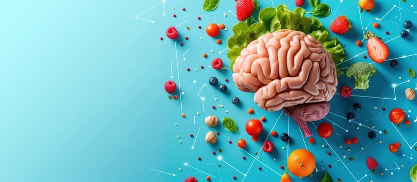 Brain nutrition with healthy food in futuristic style on blue. AI generated image