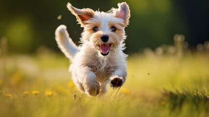 Joyful puppy leaping through a field of yellow flowers, full of energy