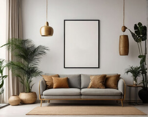 Beige Elegance in 3D Living Room Mockup Sofa and Blank Frame Design
