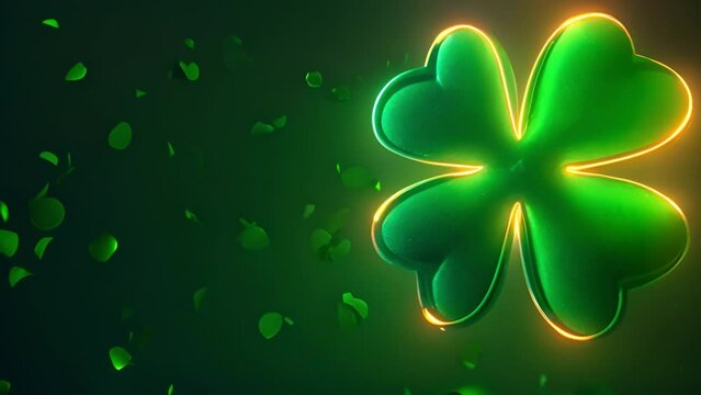 St Patrick's Day 4k background effect. Four Clover leaf. Green particles appear and forming the shape of clover or shamrock. St. Patrick's day background. Irish tradition concept. Copy space