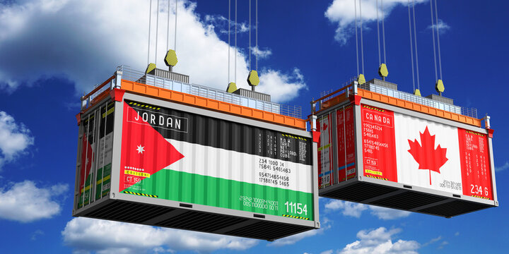Shipping containers with flags of Jordan and Canada - 3D illustration