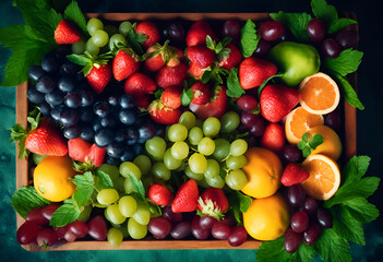 fruits and berries collected in a box, colorful and tasty, summer colors