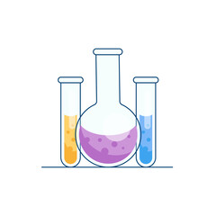 Chemical flasks and test tubes with reagents. Scientific experiment, research. Illustration with modern flat design