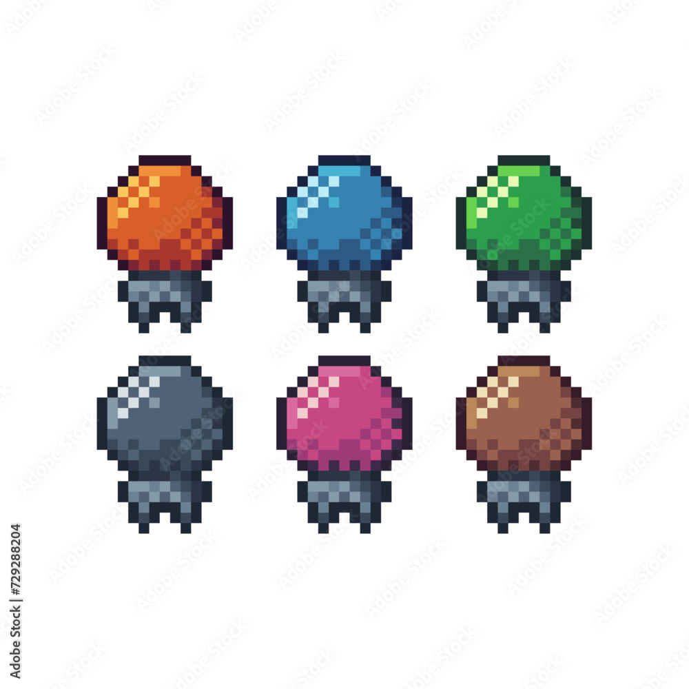 Poster pixel art sets icons of lamp bulb sign variations in color. lamp bulb idea icon in pixelated style. 