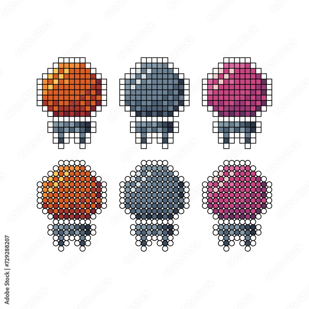 Poster pixel art stroke sets icons of lamp bulb sign variations in color. lamp bulb idea icon in pixelated 