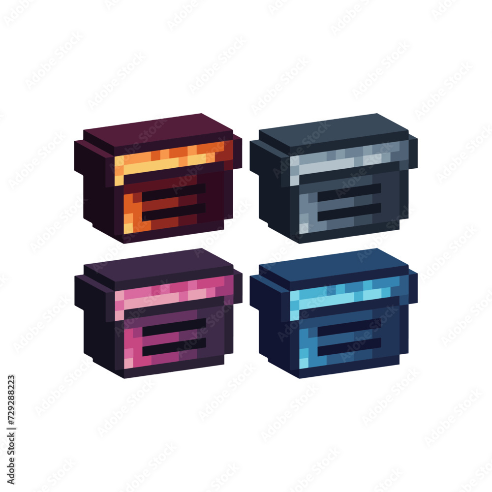 Poster isometric pixel art 3d of box icon for items asset. box isolated icon on pixel 80s style.8-bits perf