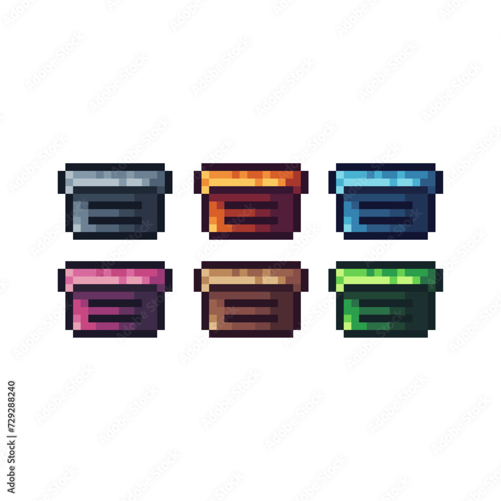 Poster pixel art sets icons of box sign variations in color.box icon in pixelated style. 8-bit illustration