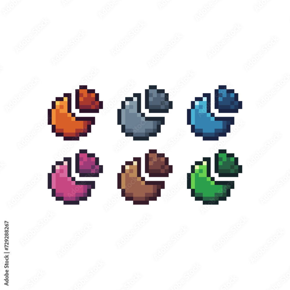 Poster pixel art sets icons of chart pie sign variations in color. finance pie chart icon in pixelated styl
