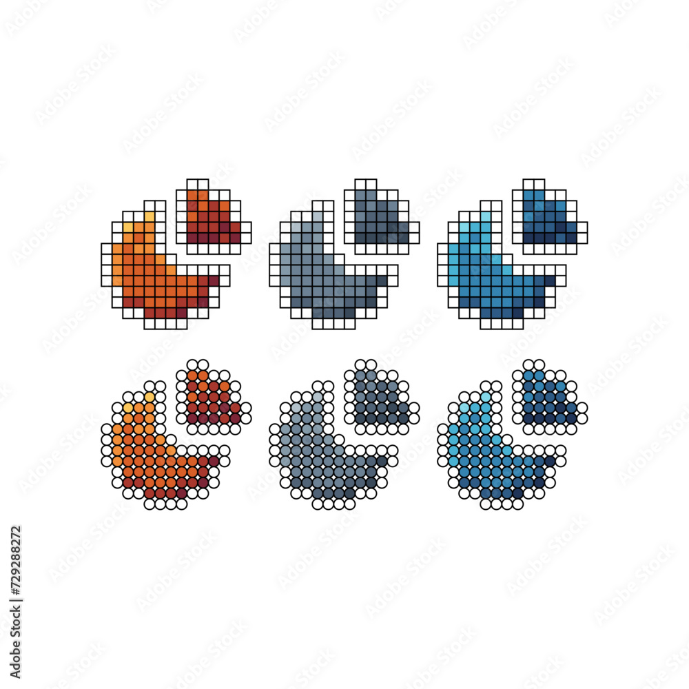 Poster pixel art stroke sets icons of chart pie sign variations in color. finance pie chart icon in pixelat