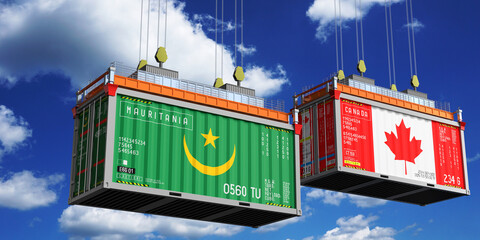 Obraz premium Shipping containers with flags of Mauritania and Canada - 3D illustration