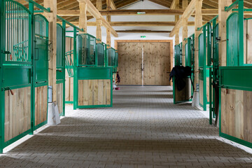 Long empty corridor in modern stable building. Horse stalls boxes on both sides.