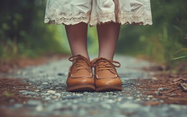 Close-up of a child feet wearing brown leather shoes, standing on a gravel path with greenery around.