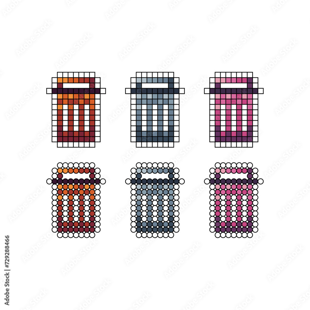 Aufkleber pixel art outline sets icons of recycle bin sign variations in color.trash bin icon in pixelated sty