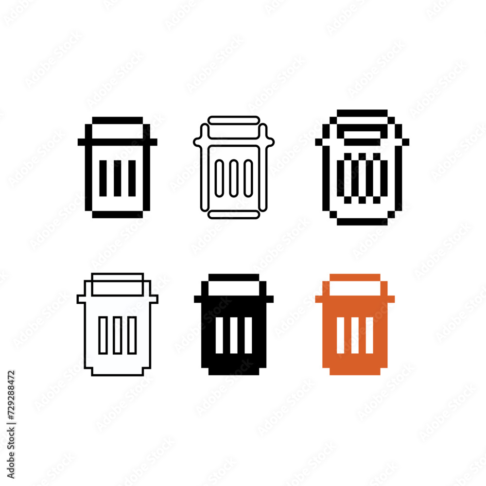 Poster pixel art outline sets icons of recycle bin sign variations in color.trash bin icon in pixelated sty