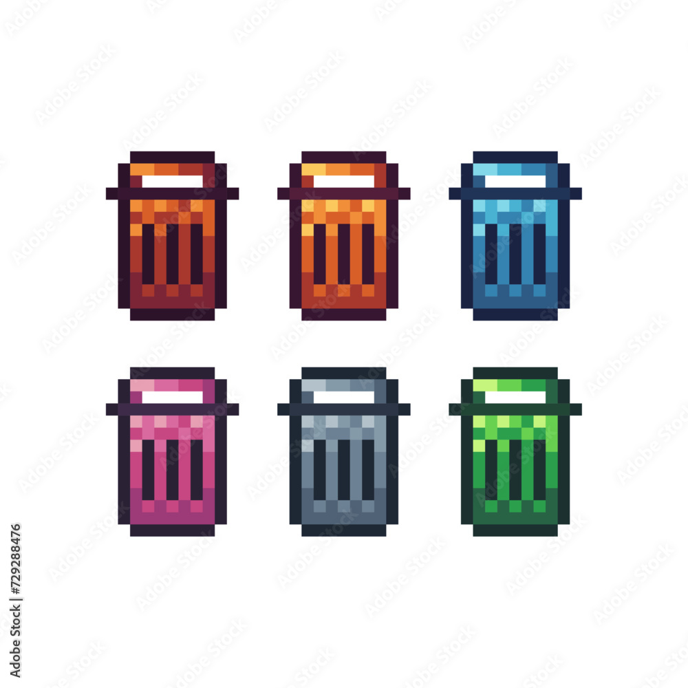 Poster pixel art sets icons of recycle bin sign variations in color.trash bin icon in pixelated style. 8-bi