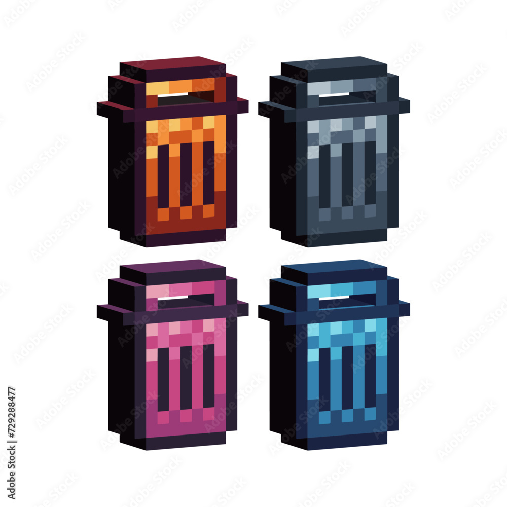 Poster isometric pixel art 3d of trash can icon for items asset. isolated recycle bin icon on pixel bits st