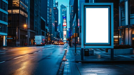 AI generated illustration of street lights reflecting on the wet avenue at twilight