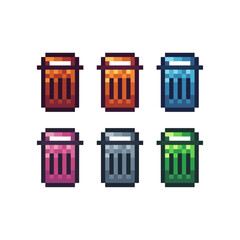 Pixel art sets icons of recycle bin sign variations in color.trash bin icon in pixelated style. 8-bit Illustration,for design asset elements, game UIs, and mobile apps icon collection.