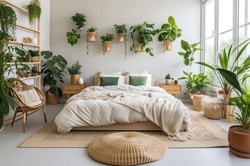 Scandinavian bedroom interior, a bed with pillows and a blanket in a cozy bedroom with a Scandinavian interior. Modern furniture with bedding, potted plants and home decor in the room.