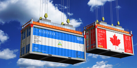 Shipping containers with flags of Nicaragua and Canada - 3D illustration