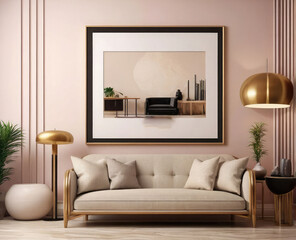 Stylish Living Room Decor Beige Sofa and Frame 3D Render Illustration
