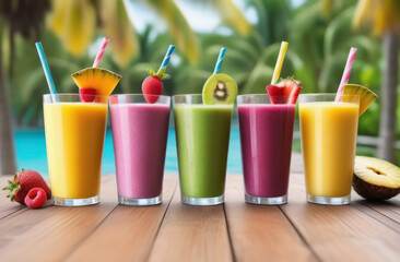 Refreshing summer drinks at the hotel pool: colorful smoothies with different flavors on wood table and palm-filled backdrop.