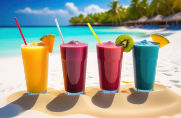 Sunny sips: tropical smoothies on a white sandy beach with a backdrop of palms and blue sea.Summer holidays vacation concept,and health food concept.