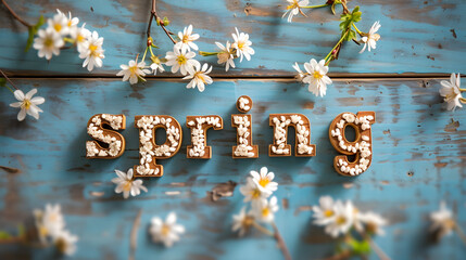 Rustic Spring Lettering with White Blossoms on Blue Wooden Background