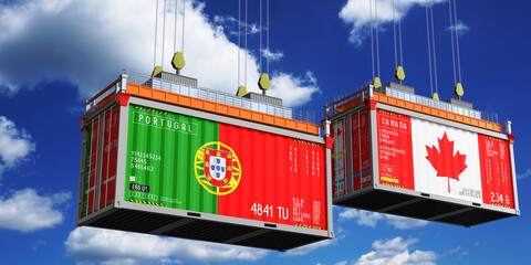 Shipping containers with flags of Portugal and Canada - 3D illustration