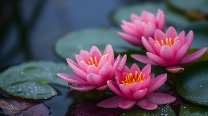 Vibrant Pink Water Lilies with Raindrops on Pond