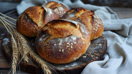 Artisan Bread Loaves with Sesame Seeds and Wheat Ears on Wooden Board