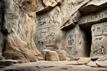 Steinzeithöhle mit Malereien und Zeichnungen auf der Felswand - obrazy, fototapety, plakaty