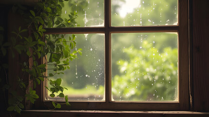 Raindrops on Window with Green Foliage View