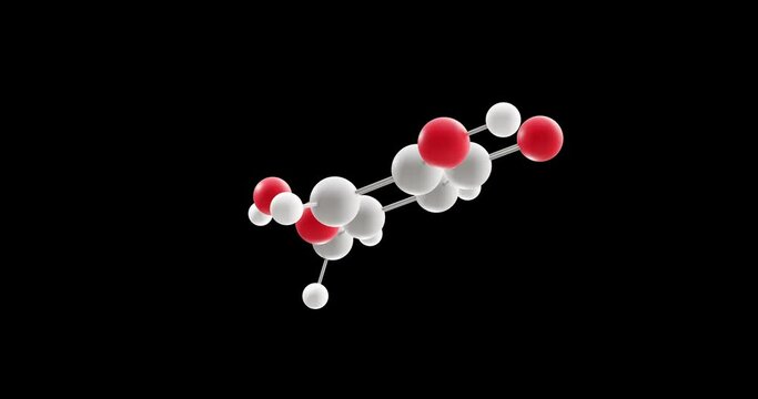 Kojic acid molecule, rotating 3D model of chelation agent, looped video on a black background