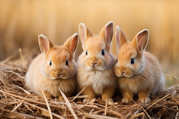Three young baby bunnies in hay