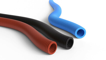 Red, blue, black Flexible Polyethylene Electrical Conduit Pipe. 3D rendering isolated on white background.
