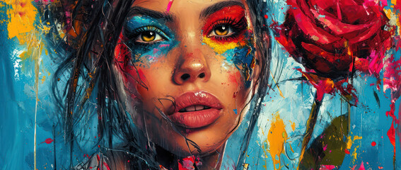 Vibrant Woman's Portrait: An Expressive and Colourful Makeup Artwork on a Dark Background.