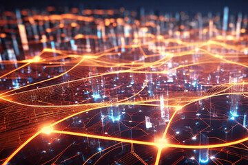 Futuristischer Hintergrund digitale leuchtende Wellen und Netzwerk in ländlicher Umgebung
