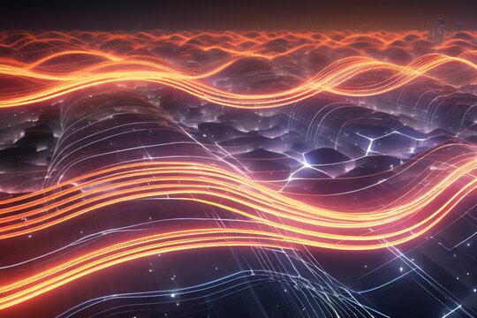 Futuristischer Hintergrund digitale leuchtende Wellen und Netzwerk in ländlicher Umgebung