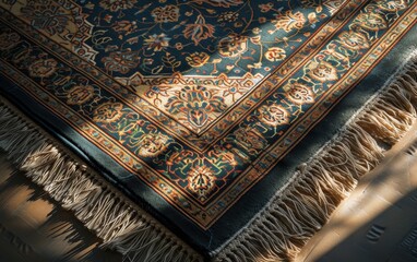 Sunlight casting shadows on a detailed, colorful oriental rug, highlighting its intricate design.