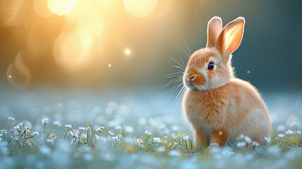 Spring bunny sitting in the field of flowers on a sunny day. Spring concept design with a cute bunny.