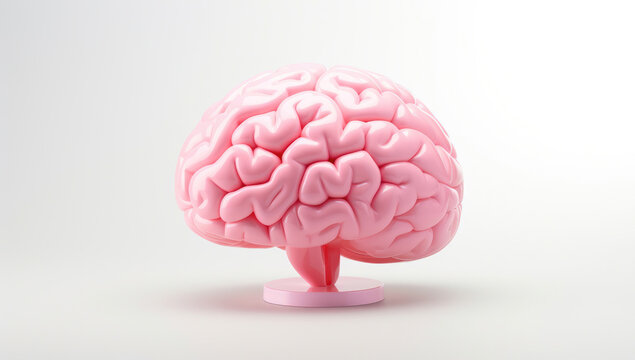 Illustration of a pink human brain model centered on a light gradient background, symbolizing intellect and mental health.
