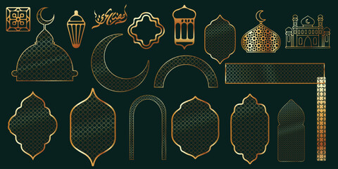 Vector collection symbol Ramadan gold line, mosque, lantern, pattern and decoration - obrazy, fototapety, plakaty